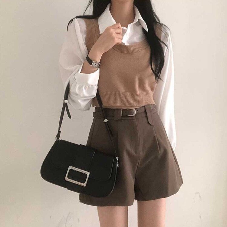 SET】クロップシャツ＋ニットベスト｜シャツ｜韓国ファッション