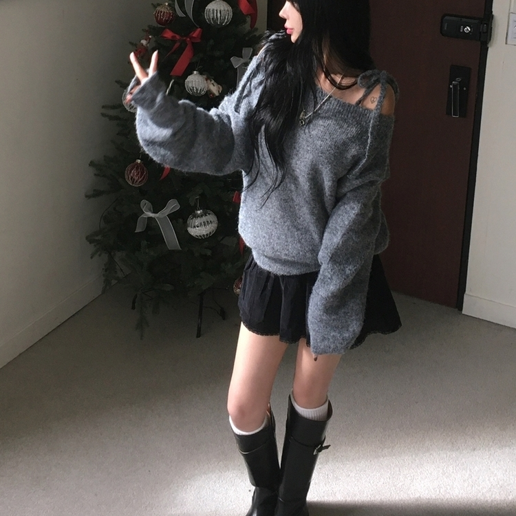 여리 울 오프숄더 끈 리본 루즈핏 아방 데일리 오프 니트 그레이