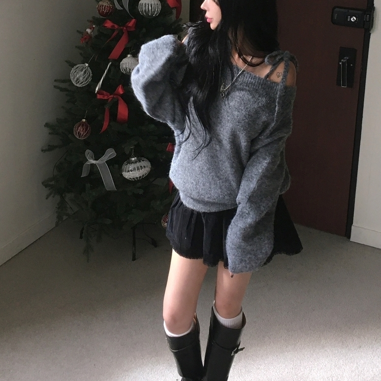 여리 울 오프숄더 끈 리본 루즈핏 아방 데일리 오프 니트 그레이