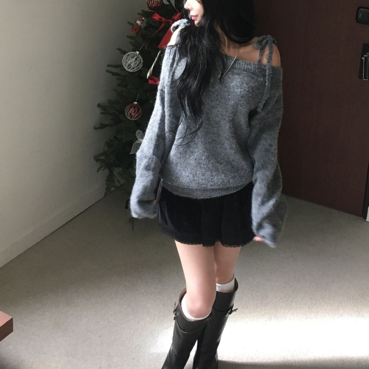 여리 울 오프숄더 끈 리본 루즈핏 아방 데일리 오프 니트 그레이