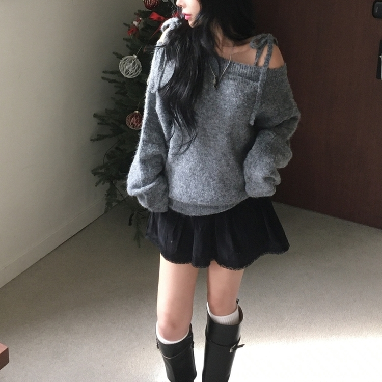 여리 울 오프숄더 끈 리본 루즈핏 아방 데일리 오프 니트 그레이