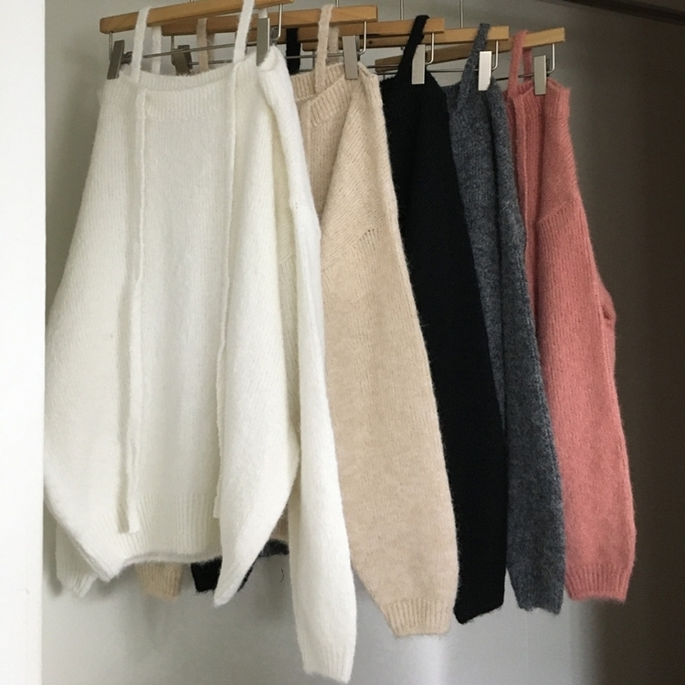 여리 울 오프숄더 끈 리본 루즈핏 아방 데일리 오프 니트