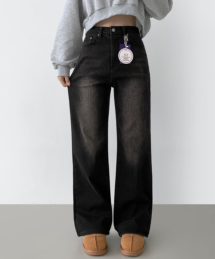 2XL기본적인 와이드 핏 워싱 밴딩 스판 발열 원단 기모 데님팬츠 빈티지블랙