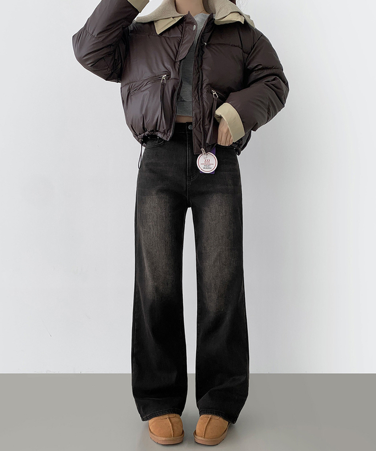 2XL기본적인 와이드 핏 워싱 밴딩 스판 발열 원단 기모 데님팬츠 빈티지블랙