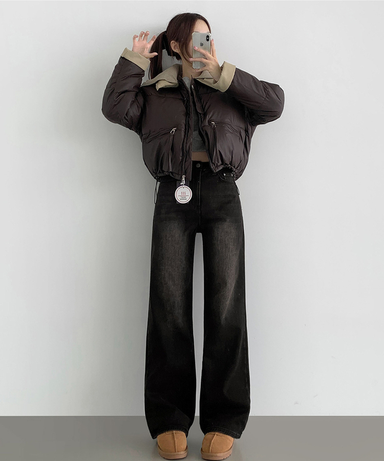 2XL기본적인 와이드 핏 워싱 밴딩 스판 발열 원단 기모 데님팬츠 빈티지블랙