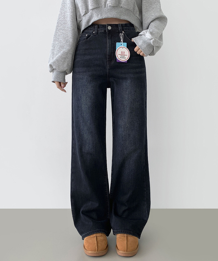 2XL기본적인 와이드 핏 워싱 밴딩 스판 발열 원단 기모 데님팬츠 그레이시진청