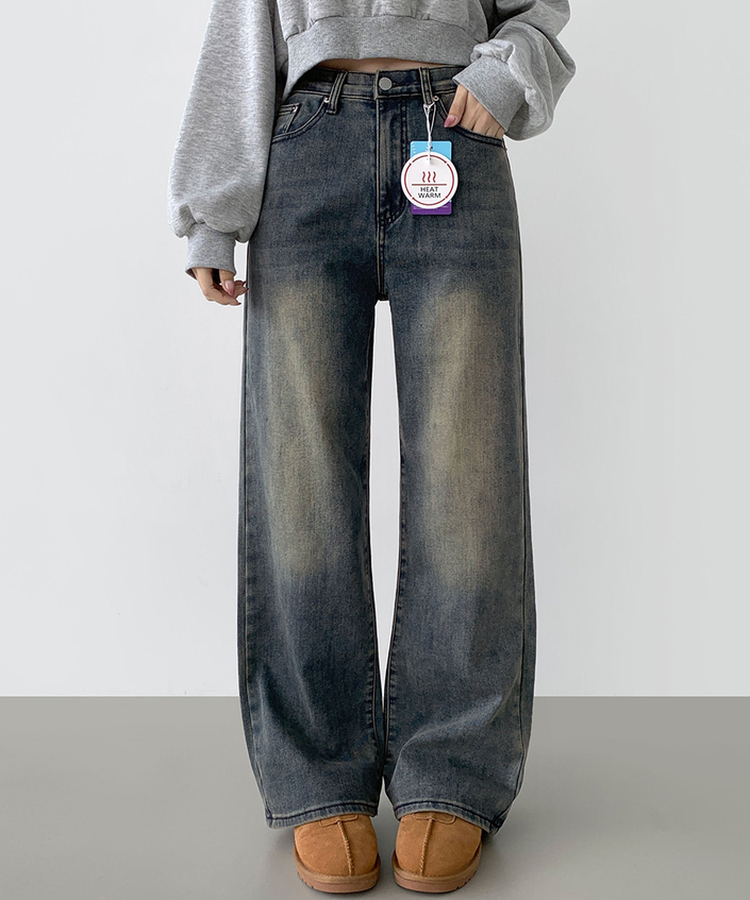 2XL기본적인 와이드 핏 워싱 밴딩 스판 발열 원단 기모 데님팬츠 빈티지중청