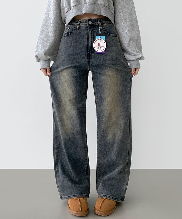 2XL기본적인 와이드 핏 워싱 밴딩 스판 발열 원단 기모 데님팬츠 빈티지중청