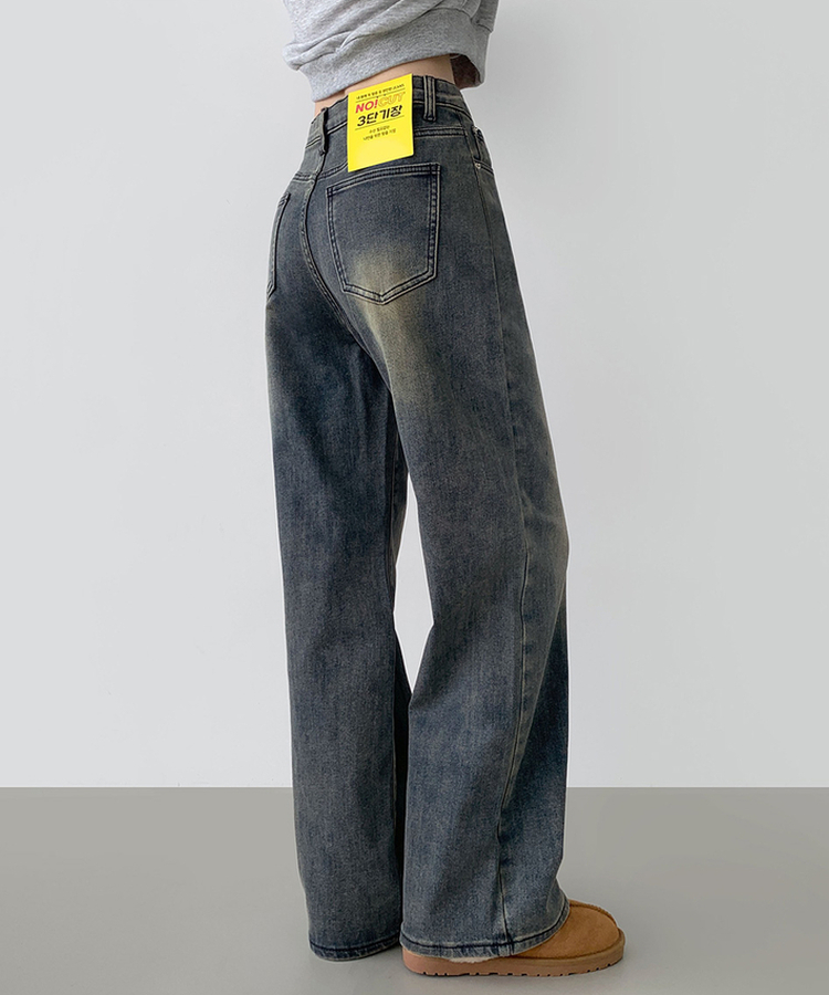 2XL기본적인 와이드 핏 워싱 밴딩 스판 발열 원단 기모 데님팬츠 빈티지중청