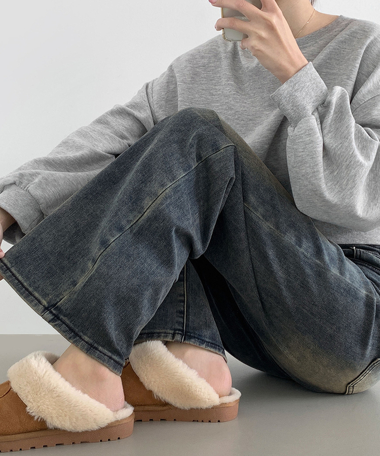 2XL기본적인 와이드 핏 워싱 밴딩 스판 발열 원단 기모 데님팬츠 빈티지중청