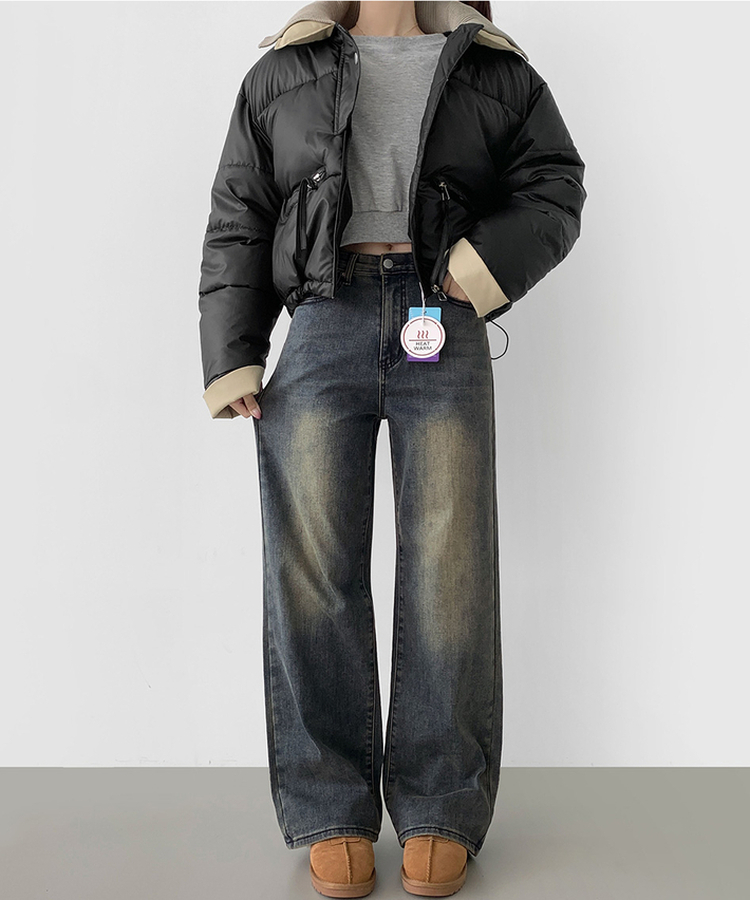 2XL기본적인 와이드 핏 워싱 밴딩 스판 발열 원단 기모 데님팬츠 빈티지중청