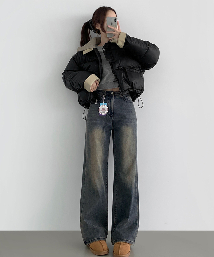 2XL기본적인 와이드 핏 워싱 밴딩 스판 발열 원단 기모 데님팬츠 빈티지중청