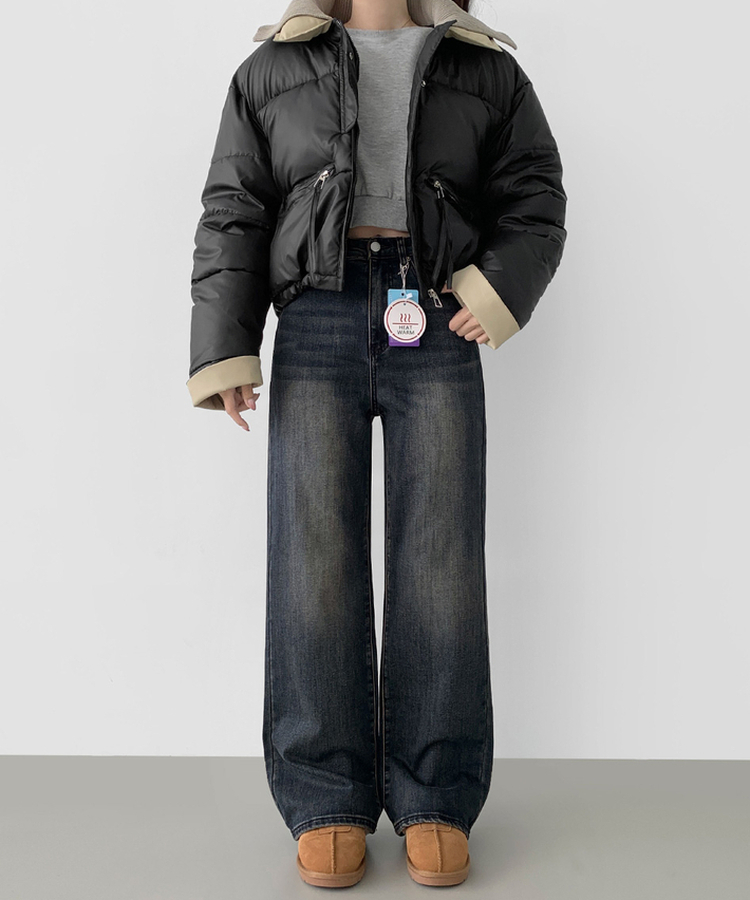 2XL기본적인 와이드 핏 워싱 밴딩 스판 발열 원단 기모 데님팬츠 올브러쉬그레이시