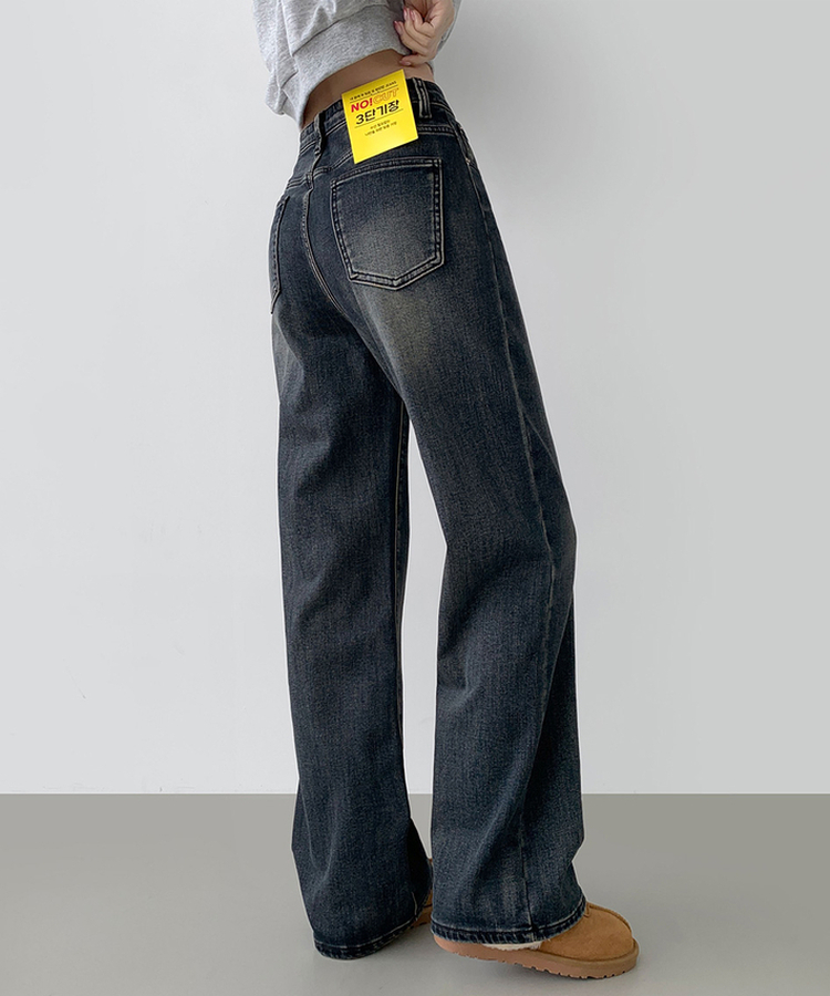 2XL기본적인 와이드 핏 워싱 밴딩 스판 발열 원단 기모 데님팬츠 올브러쉬그레이시