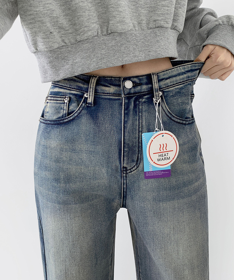2XL기본적인 와이드 핏 워싱 밴딩 스판 발열 원단 기모 데님팬츠 올브러쉬연청