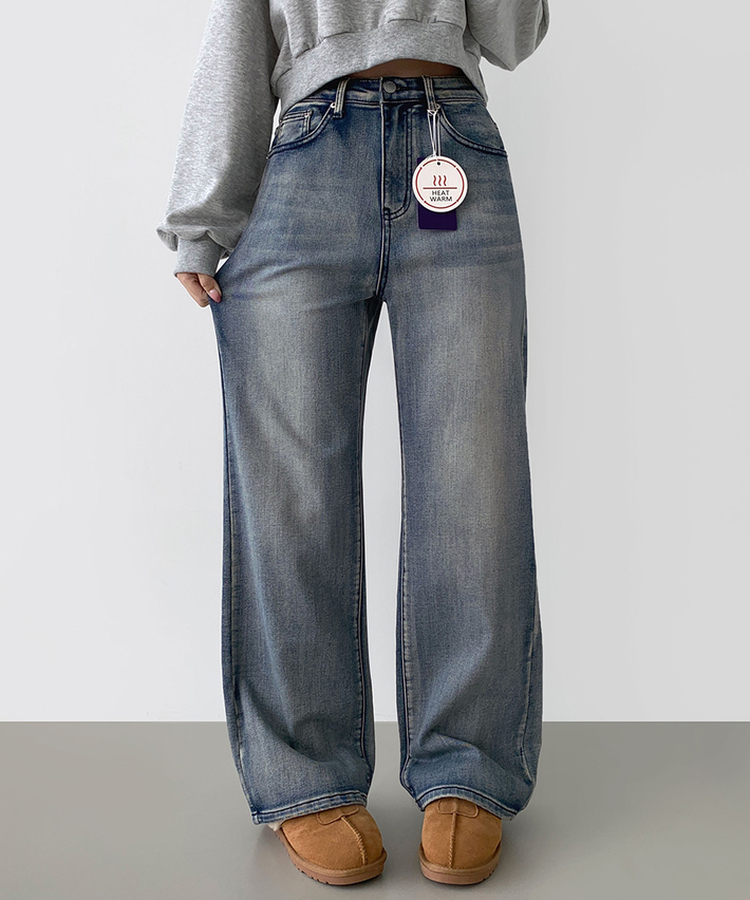 2XL기본적인 와이드 핏 워싱 밴딩 스판 발열 원단 기모 데님팬츠 올브러쉬연청