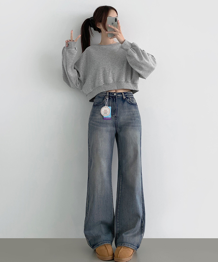 2XL기본적인 와이드 핏 워싱 밴딩 스판 발열 원단 기모 데님팬츠 올브러쉬연청