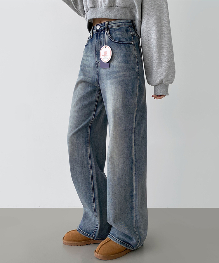 2XL기본적인 와이드 핏 워싱 밴딩 스판 발열 원단 기모 데님팬츠 올브러쉬연청