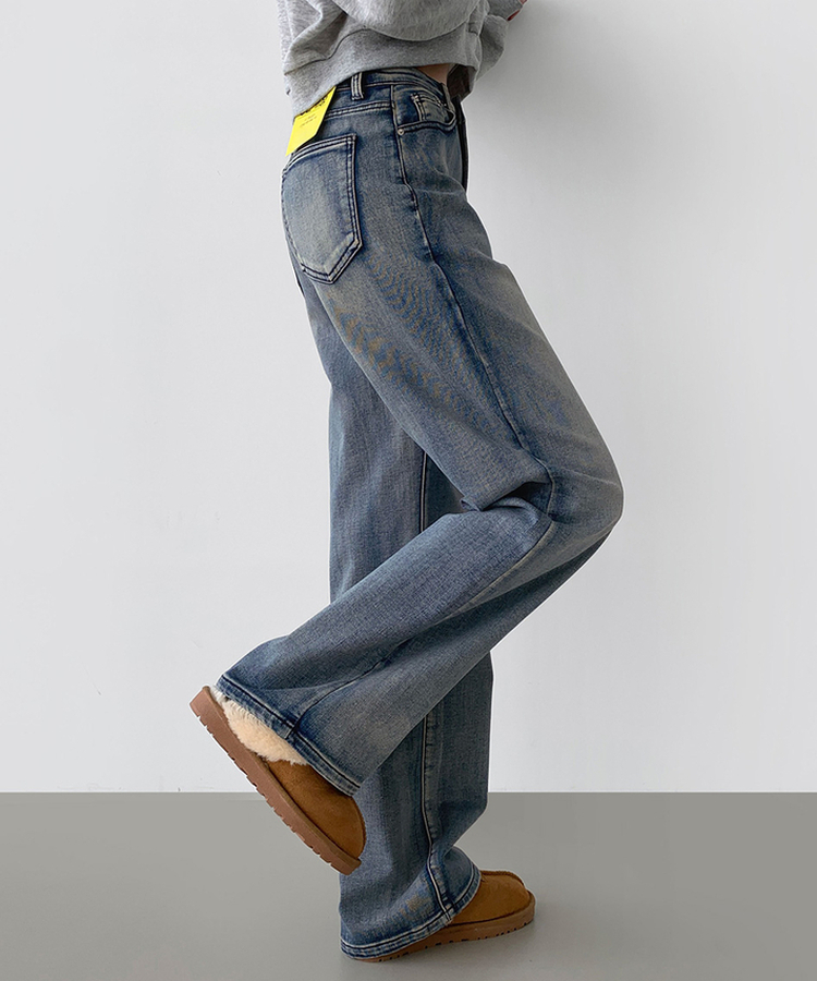 2XL기본적인 와이드 핏 워싱 밴딩 스판 발열 원단 기모 데님팬츠 올브러쉬연청