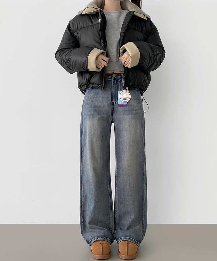 2XL기본적인 와이드 핏 워싱 밴딩 스판 발열 원단 기모 데님팬츠 올브러쉬연청