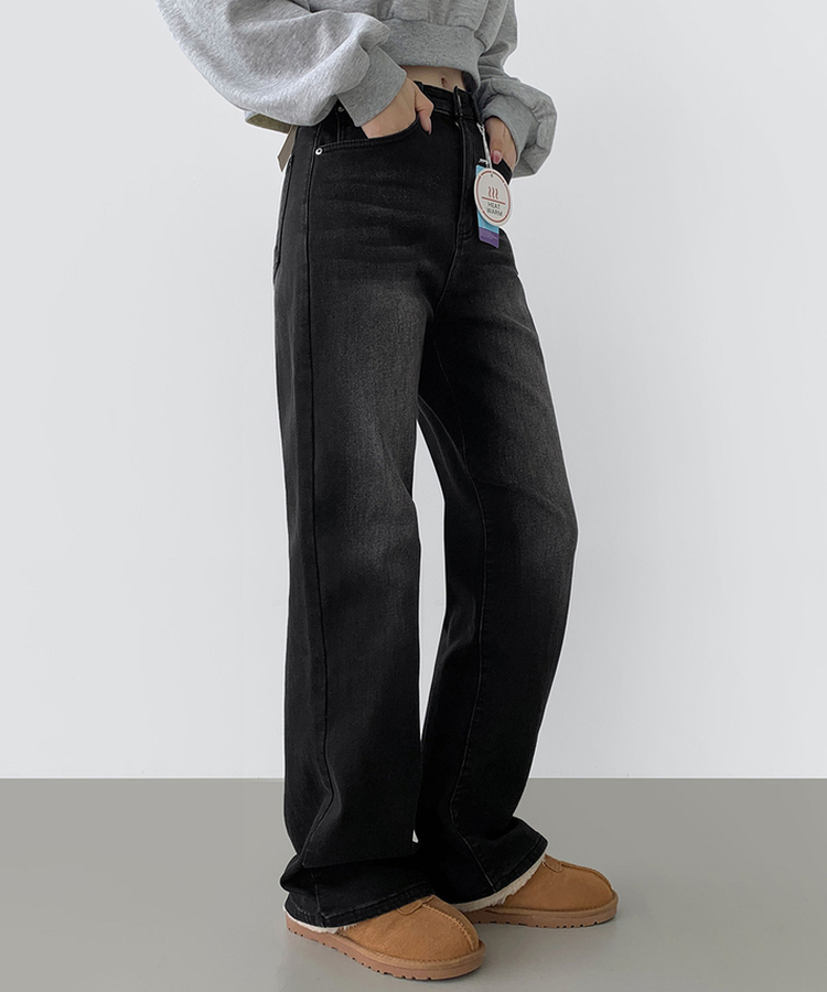 2XL기본적인 와이드 핏 워싱 밴딩 스판 발열 원단 기모 데님팬츠 블랙