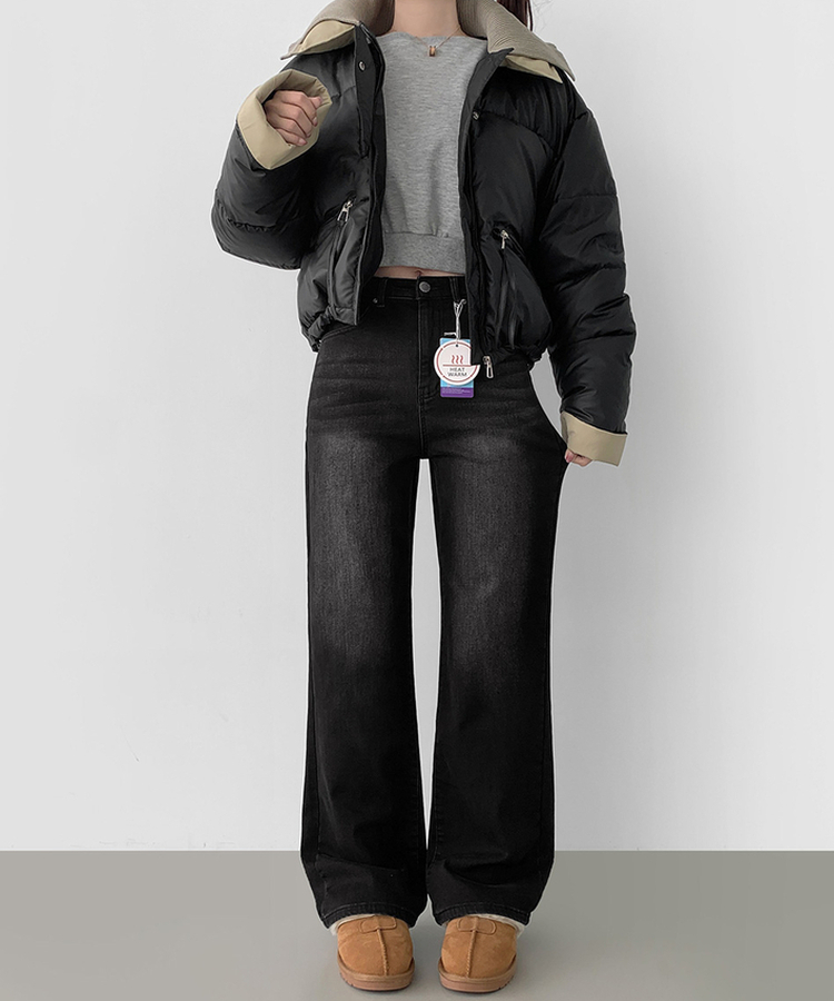 2XL기본적인 와이드 핏 워싱 밴딩 스판 발열 원단 기모 데님팬츠 블랙