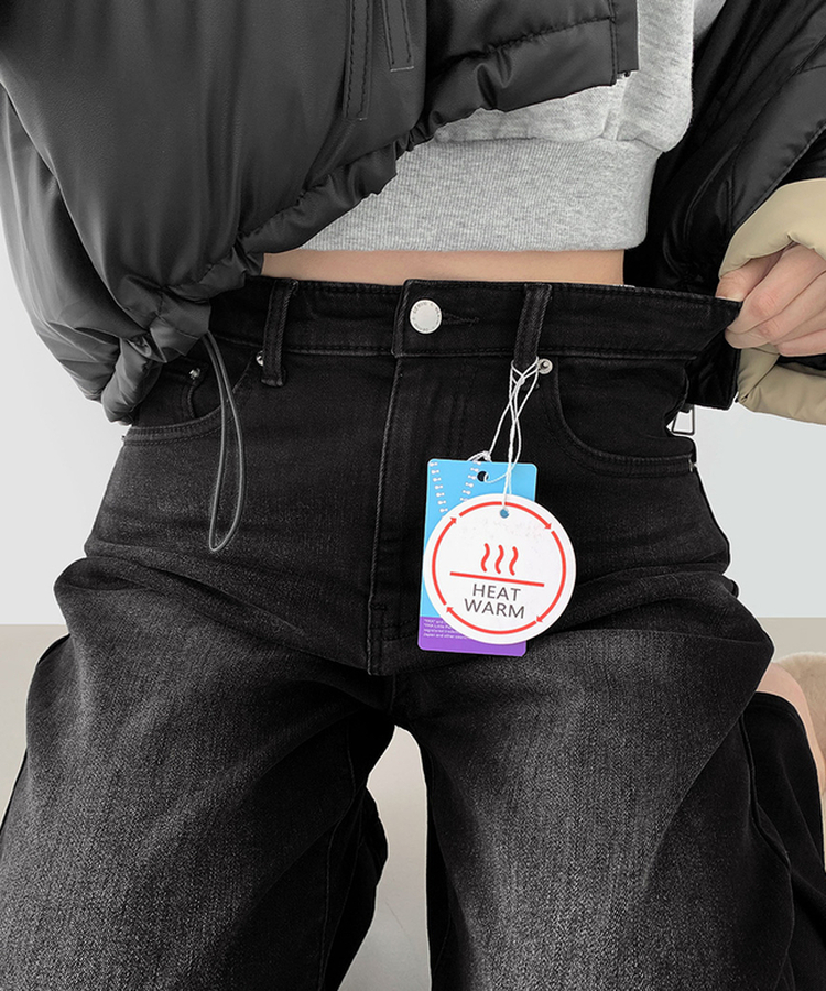 2XL기본적인 와이드 핏 워싱 밴딩 스판 발열 원단 기모 데님팬츠 블랙