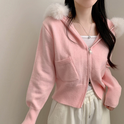 ポケットファーフードニットジップアップカーディガン｜ジャンパー