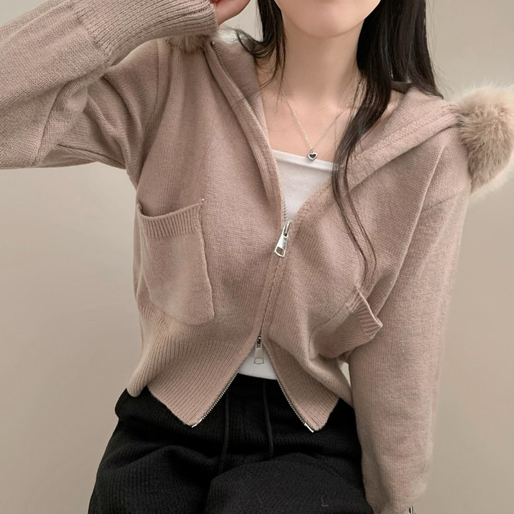 ポケットファーフードニットジップアップカーディガン｜ジャンパー
