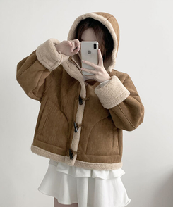 멜리 후드 양털 떡볶이 포근 스웨이드 무스탕 코트 아이보리