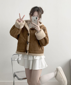 멜리 후드 양털 떡볶이 포근 스웨이드 무스탕 코트 아이보리