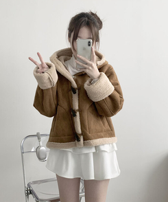 멜리 후드 양털 떡볶이 포근 스웨이드 무스탕 코트 아이보리