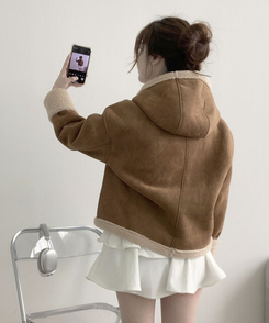 멜리 후드 양털 떡볶이 포근 스웨이드 무스탕 코트 아이보리