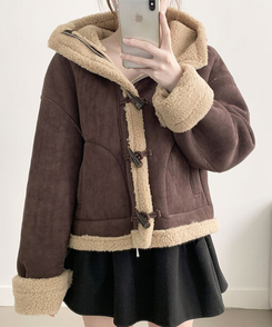 멜리 후드 양털 떡볶이 포근 스웨이드 무스탕 코트 밤색