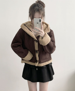 멜리 후드 양털 떡볶이 포근 스웨이드 무스탕 코트 밤색