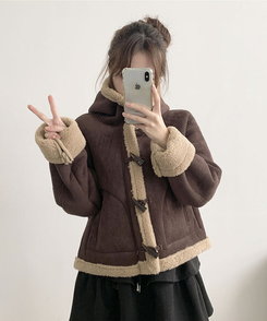 멜리 후드 양털 떡볶이 포근 스웨이드 무스탕 코트 밤색