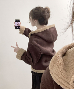 멜리 후드 양털 떡볶이 포근 스웨이드 무스탕 코트 밤색