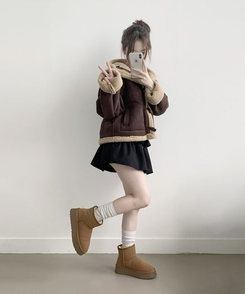 멜리 후드 양털 떡볶이 포근 스웨이드 무스탕 코트 밤색