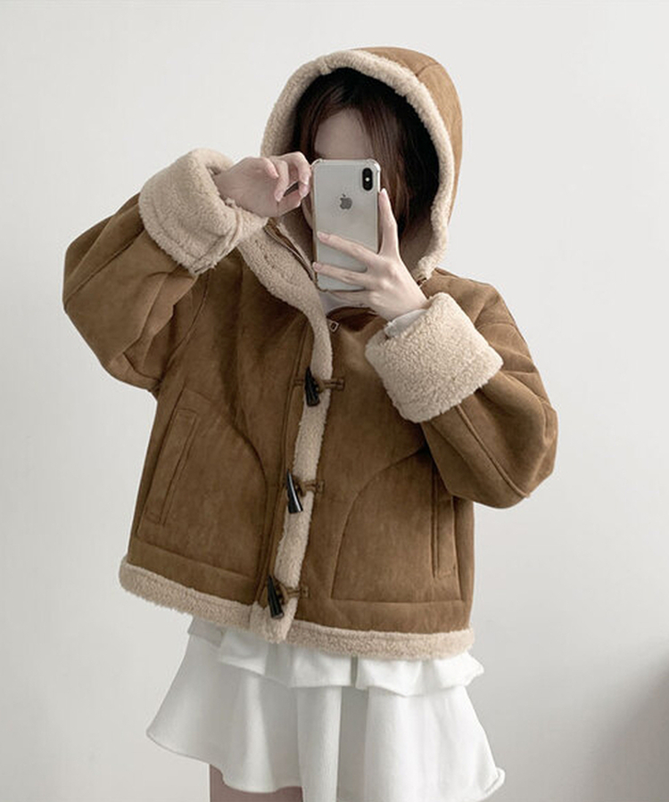 멜리 후드 양털 떡볶이 포근 스웨이드 무스탕 코트 아이보리