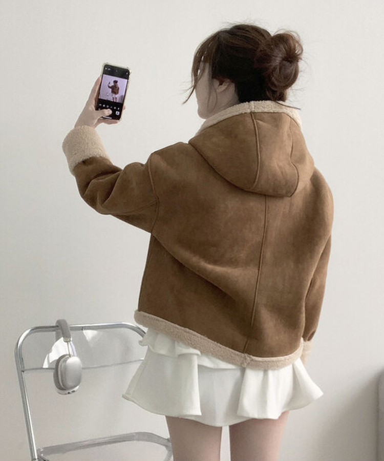 멜리 후드 양털 떡볶이 포근 스웨이드 무스탕 코트 아이보리