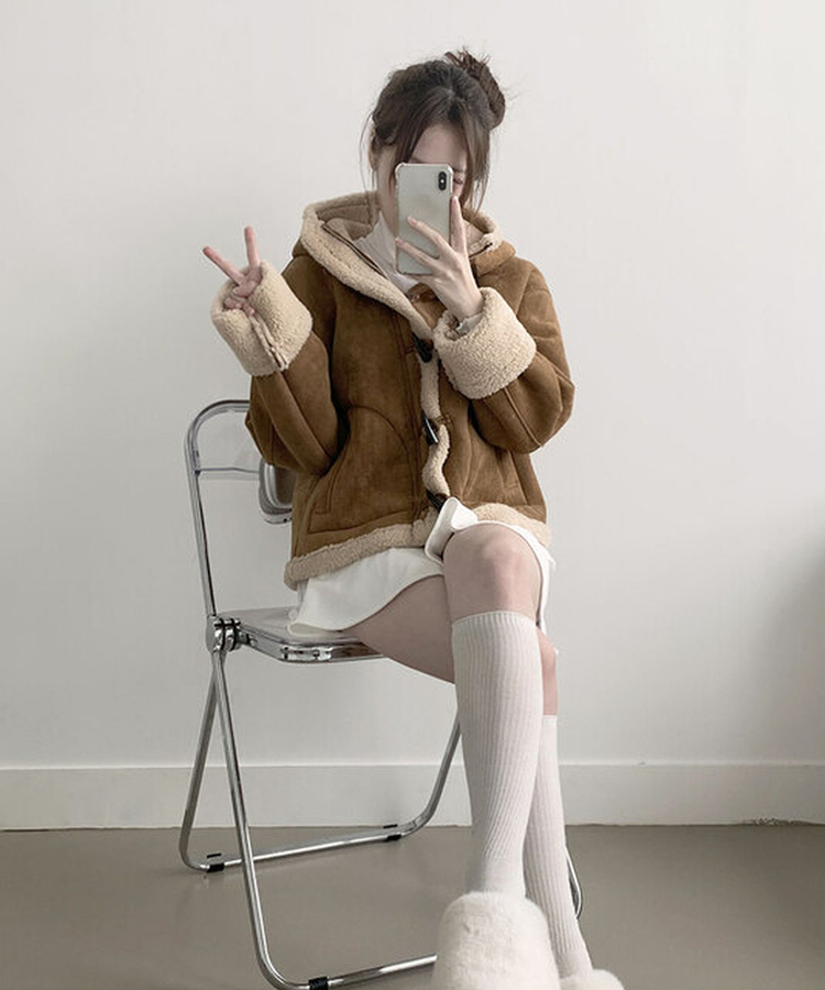 멜리 후드 양털 떡볶이 포근 스웨이드 무스탕 코트 아이보리