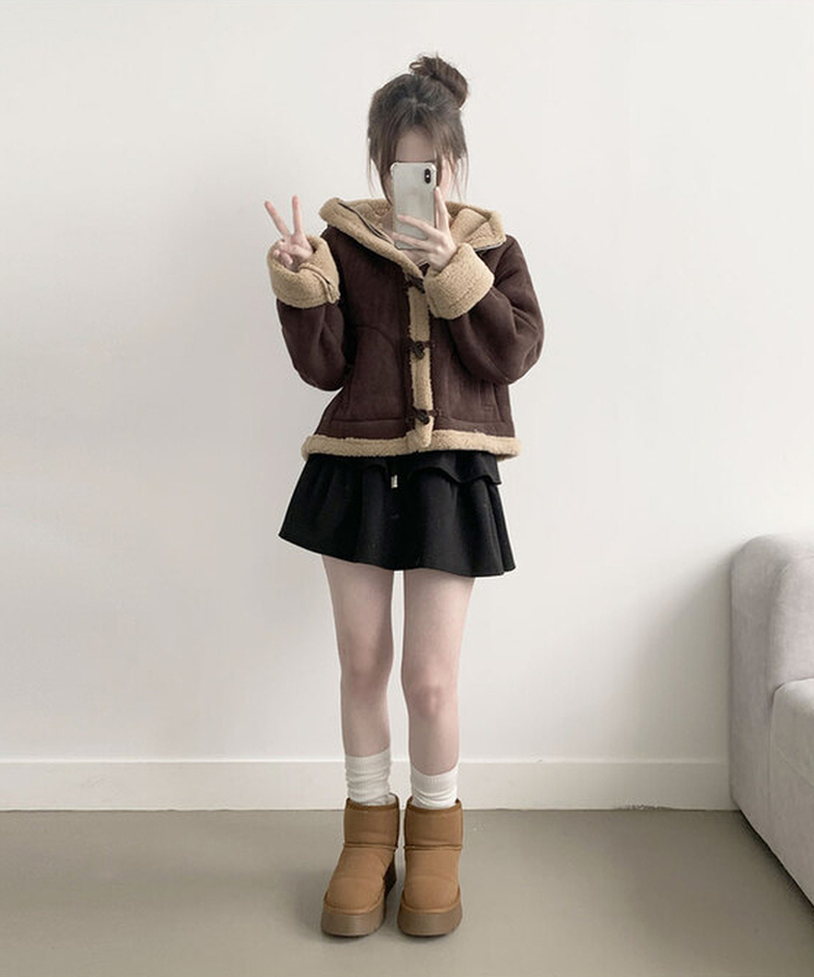 멜리 후드 양털 떡볶이 포근 스웨이드 무스탕 코트 밤색