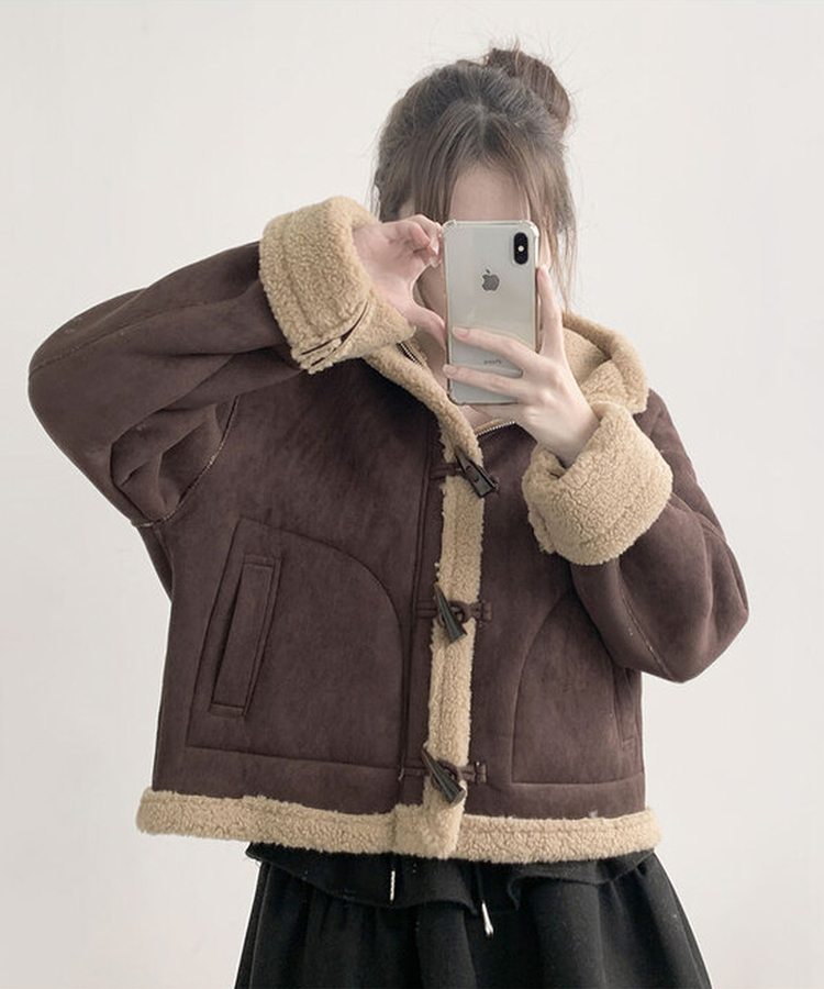 멜리 후드 양털 떡볶이 포근 스웨이드 무스탕 코트 밤색