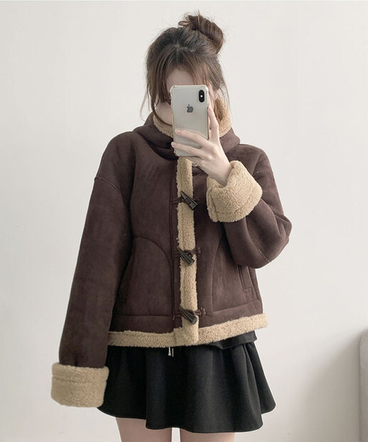 멜리 후드 양털 떡볶이 포근 스웨이드 무스탕 코트 밤색