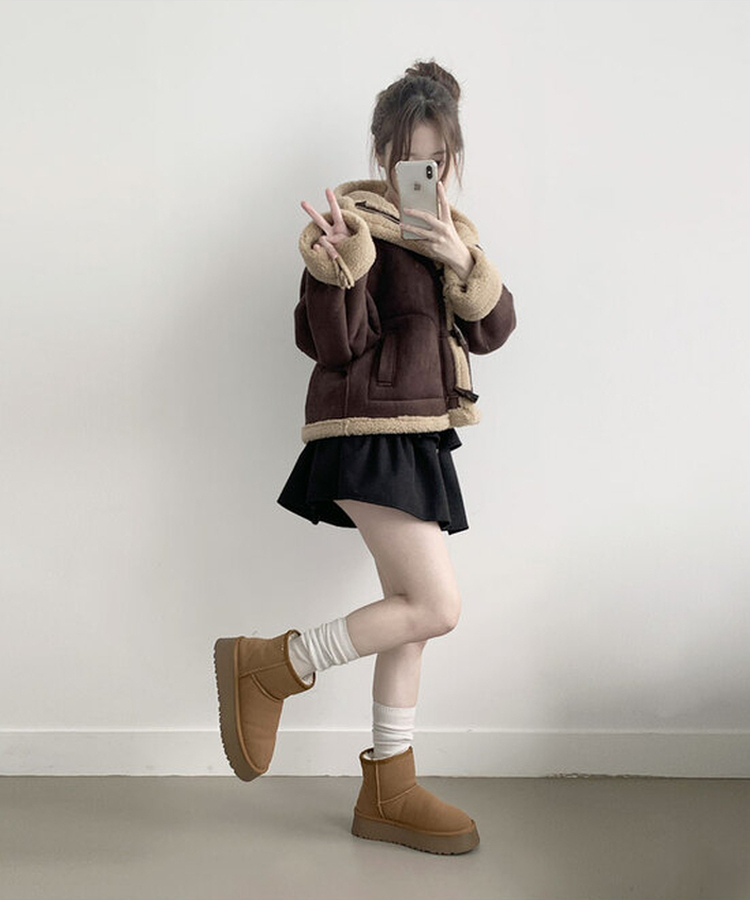 멜리 후드 양털 떡볶이 포근 스웨이드 무스탕 코트 밤색