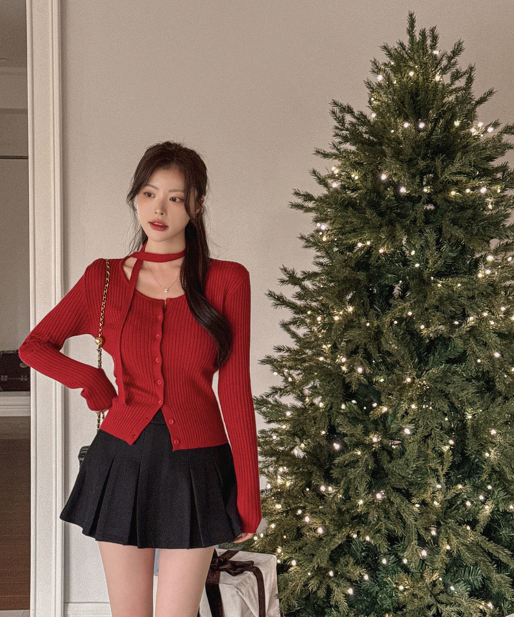 タイ付き】ラウンドネックボタンニットカーディガン(7color