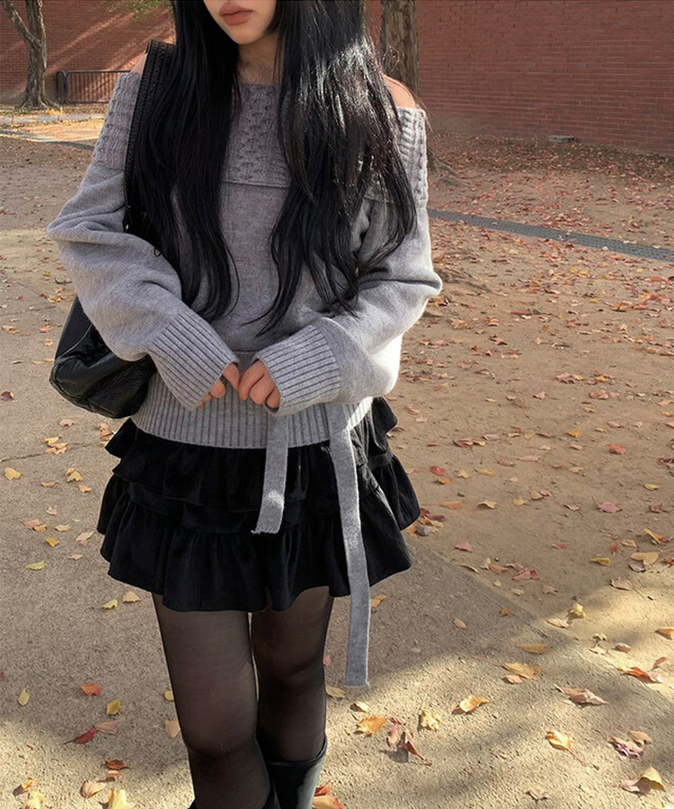 【マフラー付き】ニジュオフショルダーニット GREY