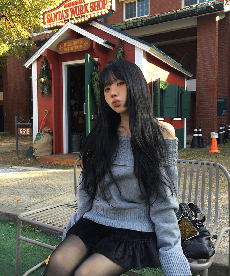 【マフラー付き】ニジュオフショルダーニット GREY