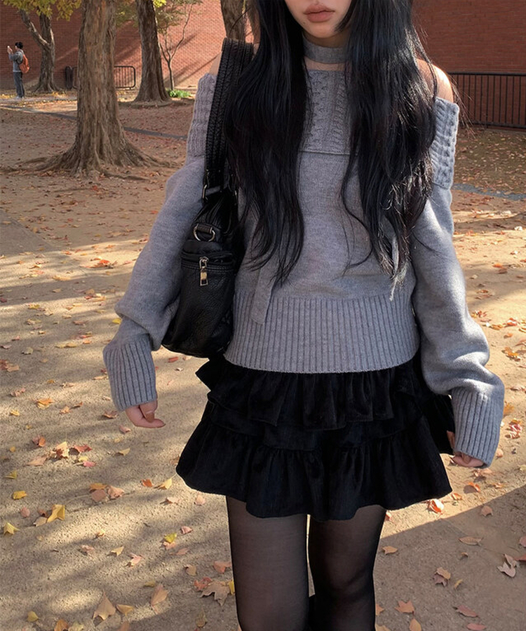 【マフラー付き】ニジュオフショルダーニット GREY