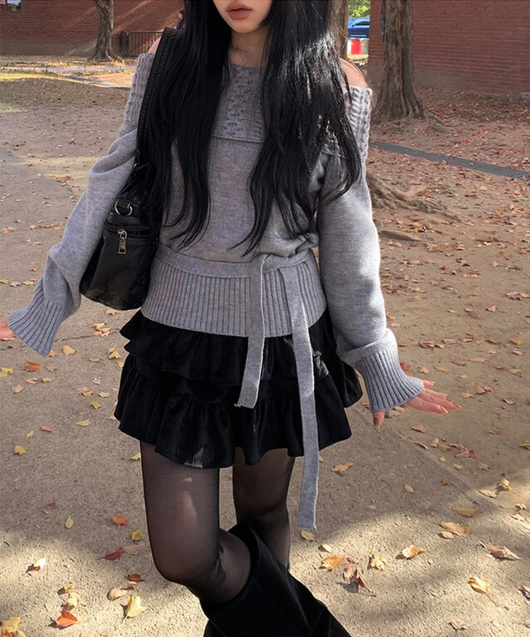 【マフラー付き】ニジュオフショルダーニット GREY